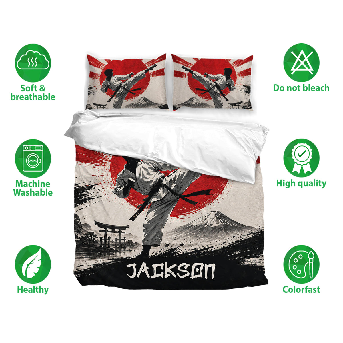 Karate bedding set displayed with matching pillowcases and a bold red, black, and white martial arts design