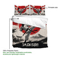 Karate duvet cover set detail showing the printed artwork, martial artist, red sun, and scenic mountain background