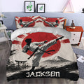 Karate bedroom decor featuring a dramatic martial artist duvet cover with red sun and monochrome Japanese scenery