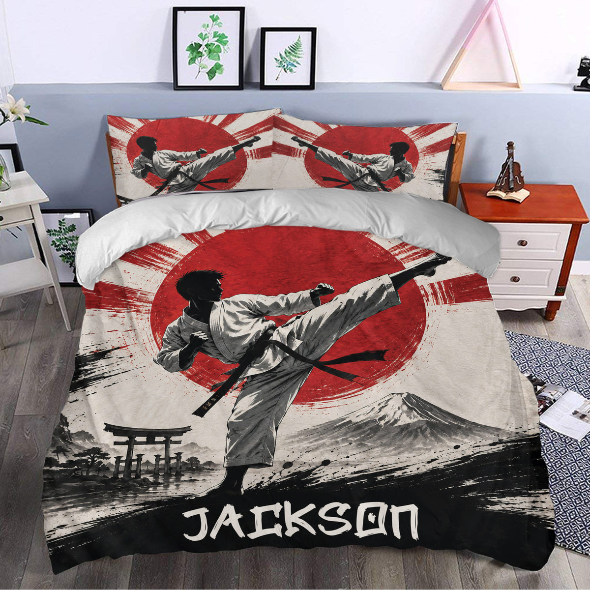 Karate bedroom decor featuring a dramatic martial artist duvet cover with red sun and monochrome Japanese scenery