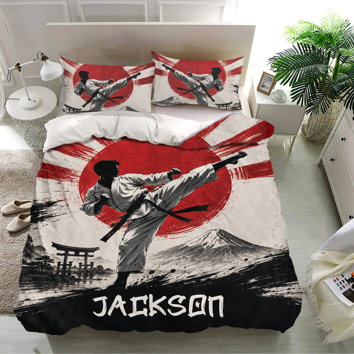 Karate bedding set styled in a bright bedroom with matching pillowcases and dynamic martial arts artwork