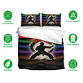 Karate bedding set with martial arts artwork, colorful belt stripes, and soft breathable fabric callouts