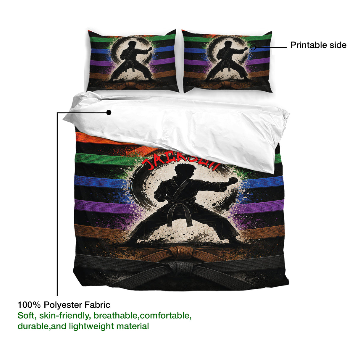 Karate duvet cover bedding set showing the printable artwork side and bold martial arts design