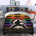 Karate duvet cover set styled in a bedroom with a martial artist silhouette and vivid belt stripes