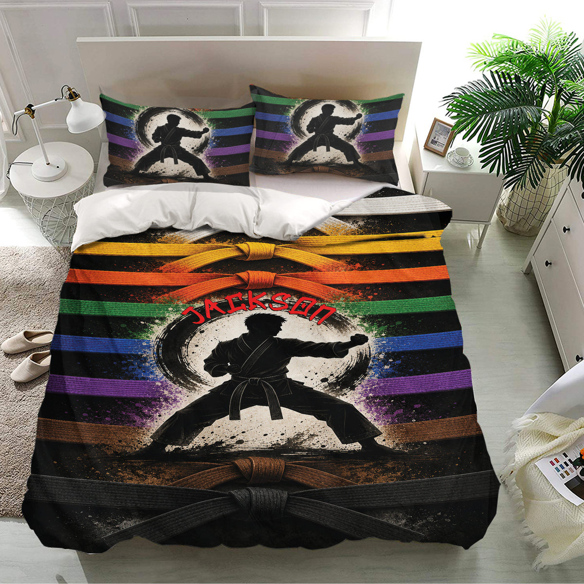 Karate bedding set presented in a bright bedroom with dramatic martial arts artwork and colorful belts