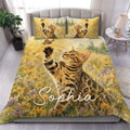Bengal cat duvet cover set displayed on a bed with meadow flowers and butterfly artwork