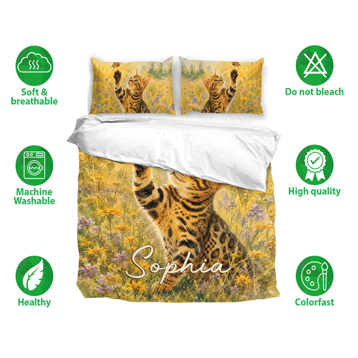 Bengal cat bedding set with floral meadow artwork and matching pillowcases