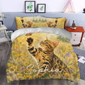 Bengal cat duvet cover set styled in a bedroom with golden floral artwork