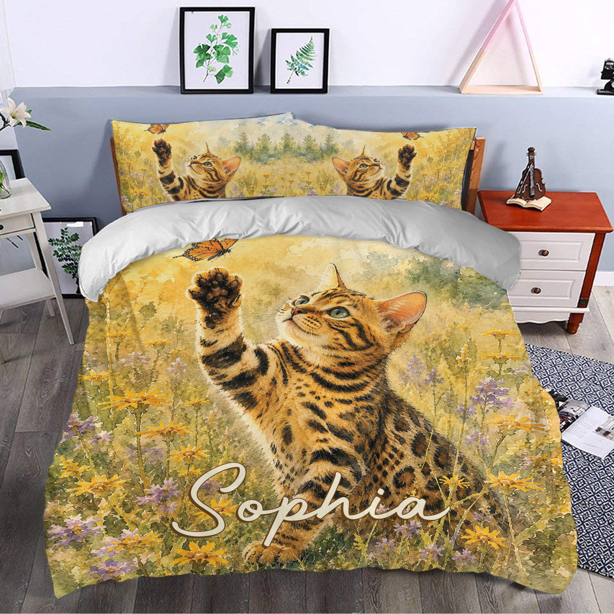Bengal cat duvet cover set styled in a bedroom with golden floral artwork