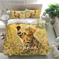 Bengal cat bedding set shown in a bright bedroom with butterfly and meadow design