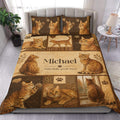 Bengal cat duvet cover set displayed on a bed with sepia patchwork cat artwork and matching pillowcases