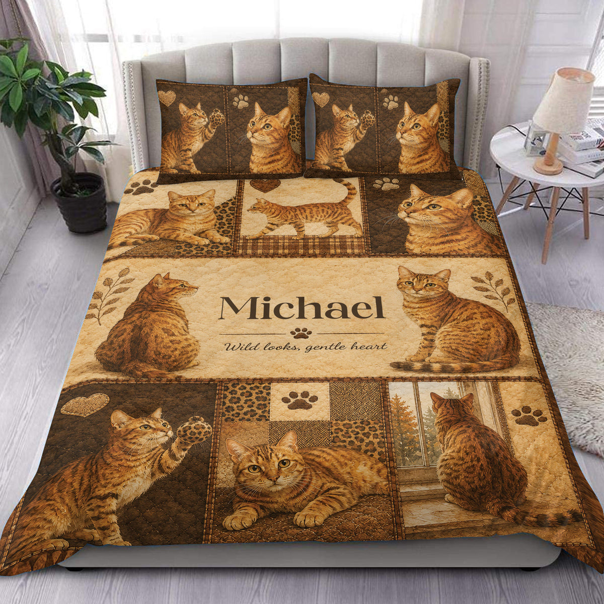 Bengal cat duvet cover set displayed on a bed with sepia patchwork cat artwork and matching pillowcases