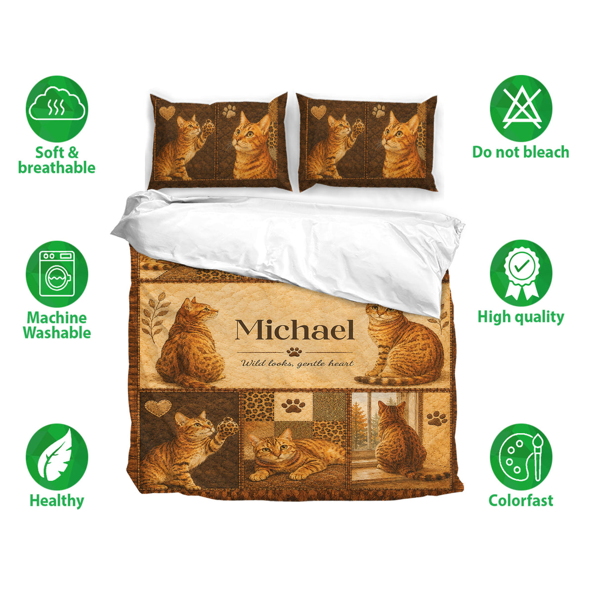 Bengal cat bedding set with rustic sepia artwork, matching pillowcases, and soft breathable fabric callouts