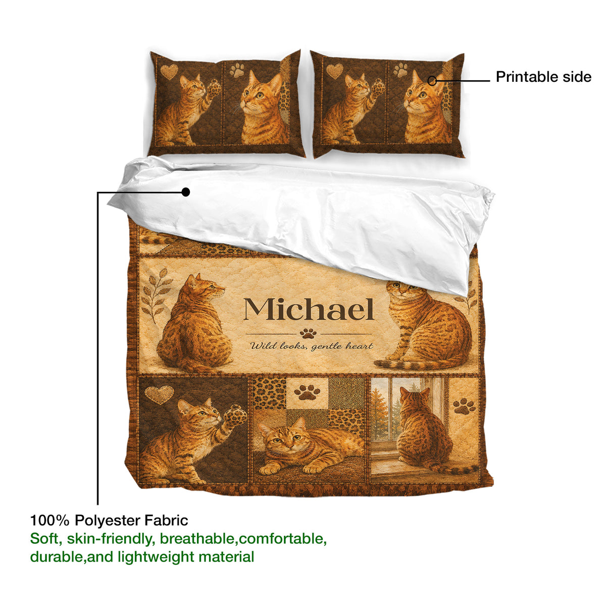 Bengal cat duvet cover set layout showing the printed side, fabric detail, and matching pillowcases