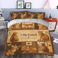 Bengal cat duvet cover styled in a bedroom with warm brown patchwork artwork and rustic decor appeal