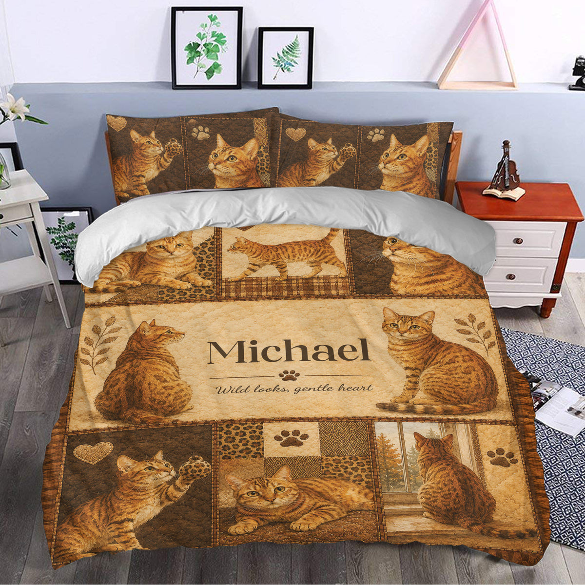 Bengal cat duvet cover styled in a bedroom with warm brown patchwork artwork and rustic decor appeal