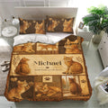 Bengal cat bedding set displayed in a bright bedroom with matching pillowcases and detailed sepia cat artwork