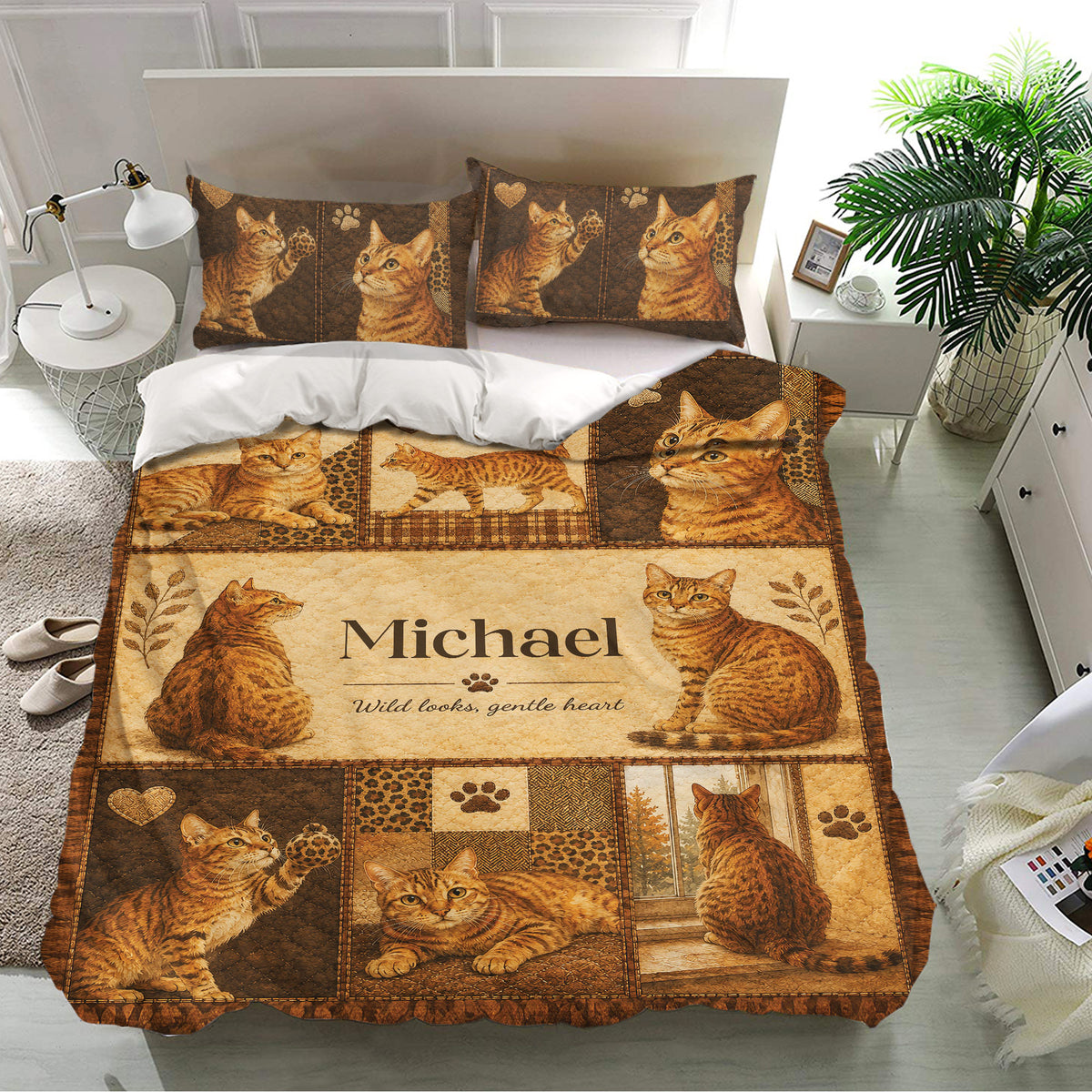 Bengal cat bedding set displayed in a bright bedroom with matching pillowcases and detailed sepia cat artwork