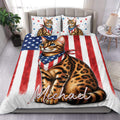 Bengal cat duvet cover set with a patriotic red, white, and blue flag design in a styled bedroom