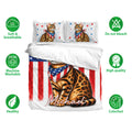 Bengal cat bedding set displayed with matching pillowcases, star accents, and patriotic artwork