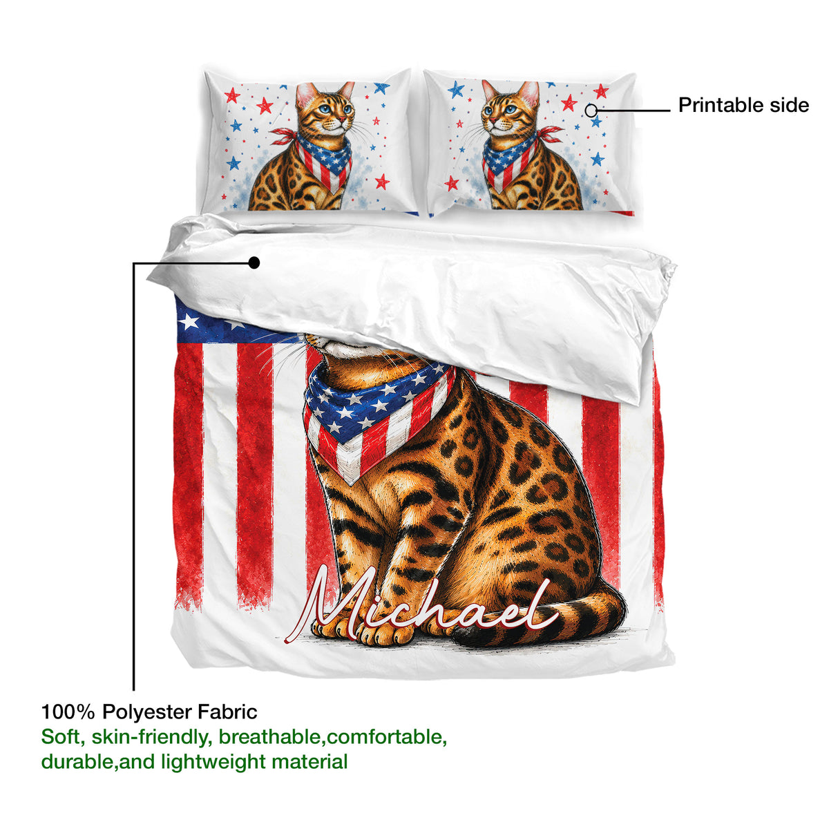 Bengal cat duvet cover bedding set detail showing printable artwork and soft polyester fabric