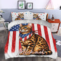 Bengal cat bedding displayed in a bedroom with a large spotted cat and patriotic flag design