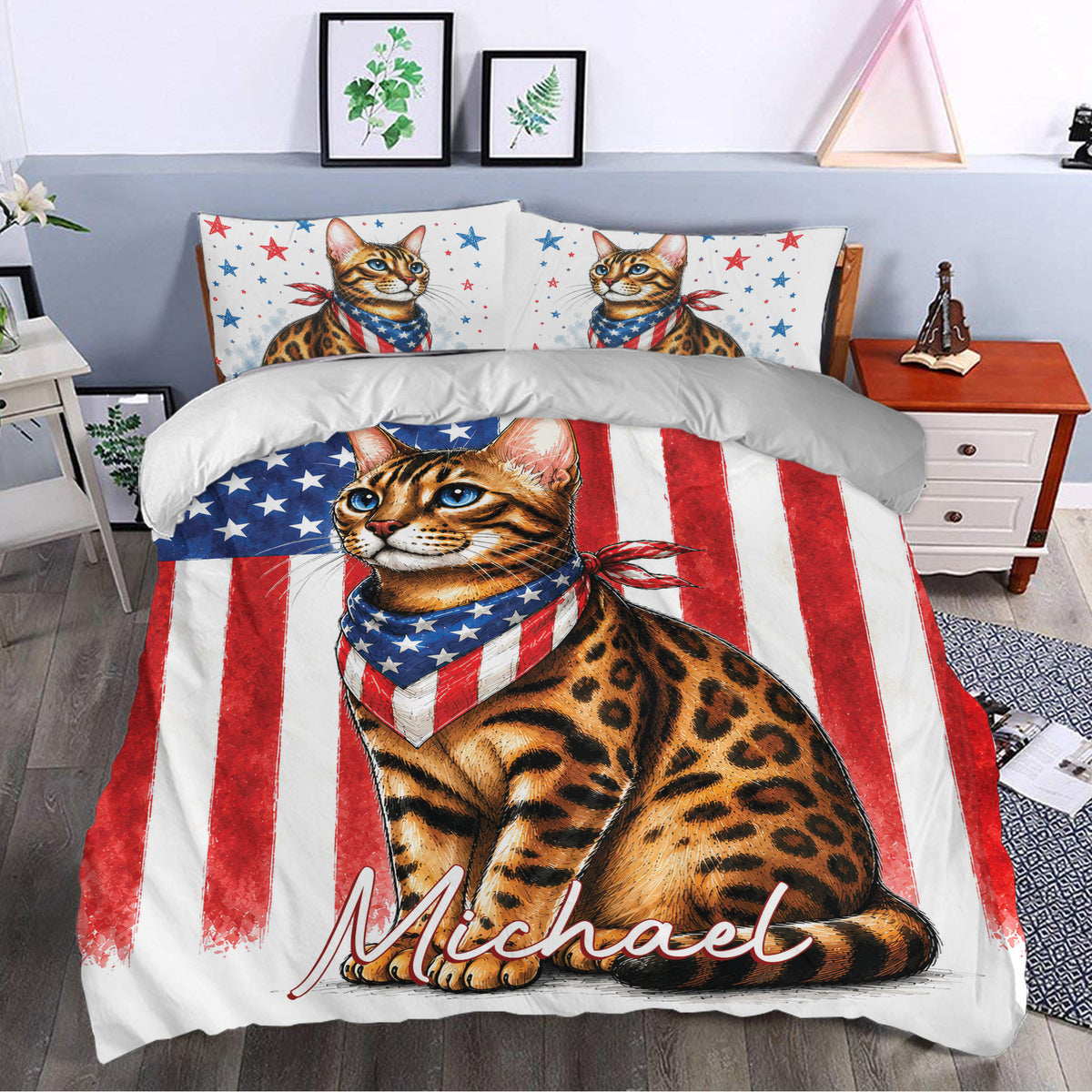 Bengal cat bedding displayed in a bedroom with a large spotted cat and patriotic flag design