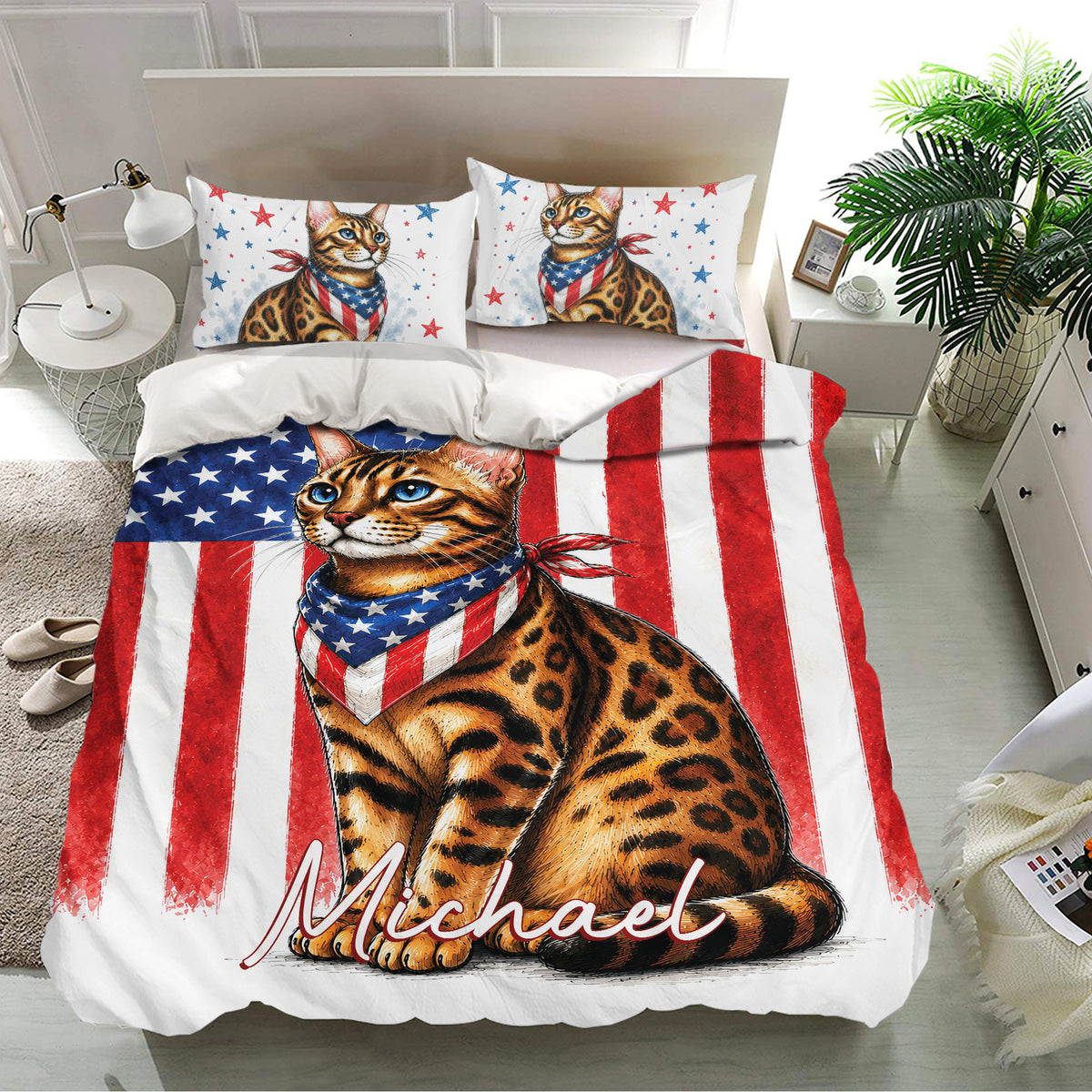 Bengal cat duvet cover set shown on a modern bed with matching star-patterned pillowcases