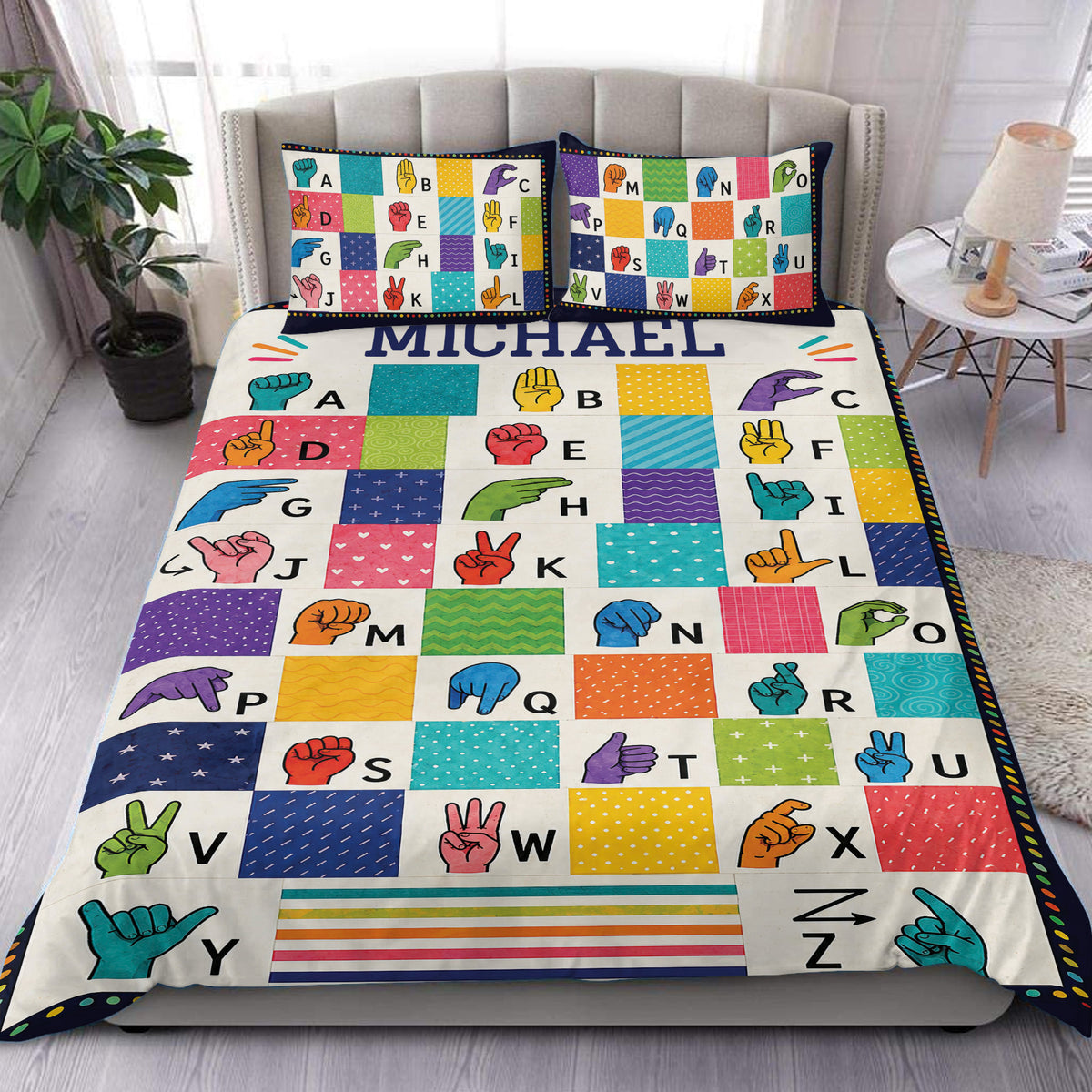 Colorful sign language alphabet duvet cover set styled on a modern bedroom with matching pillowcases