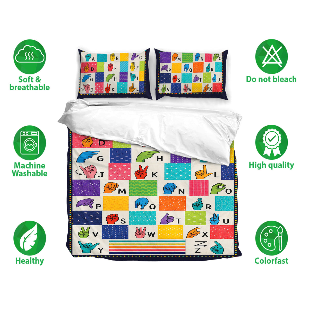 Sign language alphabet duvet cover bedding set shown with matching pillowcases and colorful hand signs