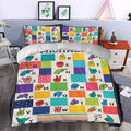 Colorful sign language alphabet duvet cover displayed in a contemporary bedroom with matching pillows