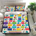 Sign language alphabet duvet cover set shown in a bright bedroom with multicolor hand sign artwork