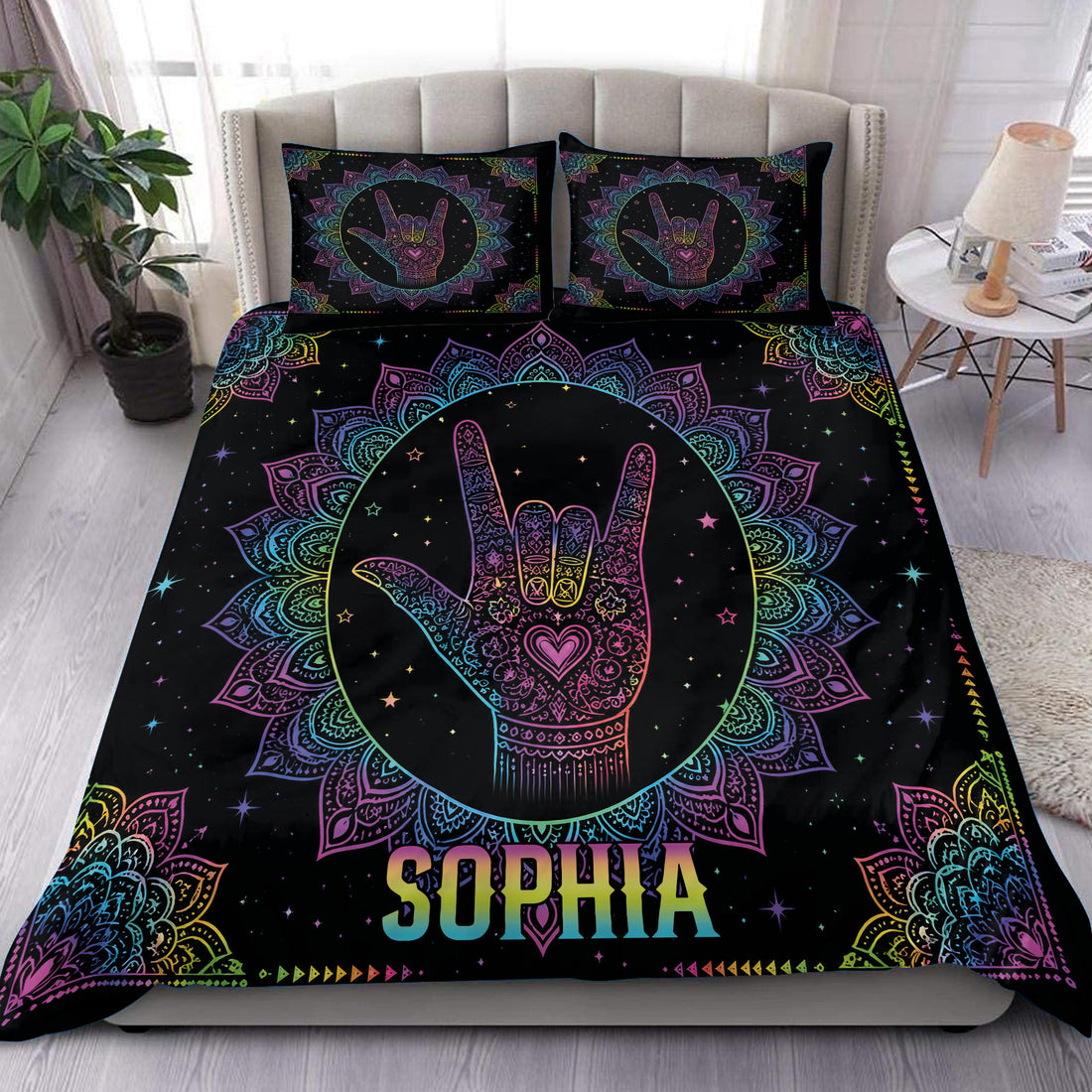 Sign language hand design duvet cover set with colorful mandala artwork on black bedding