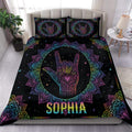 Sign language hand design duvet cover set with colorful mandala artwork on black bedding