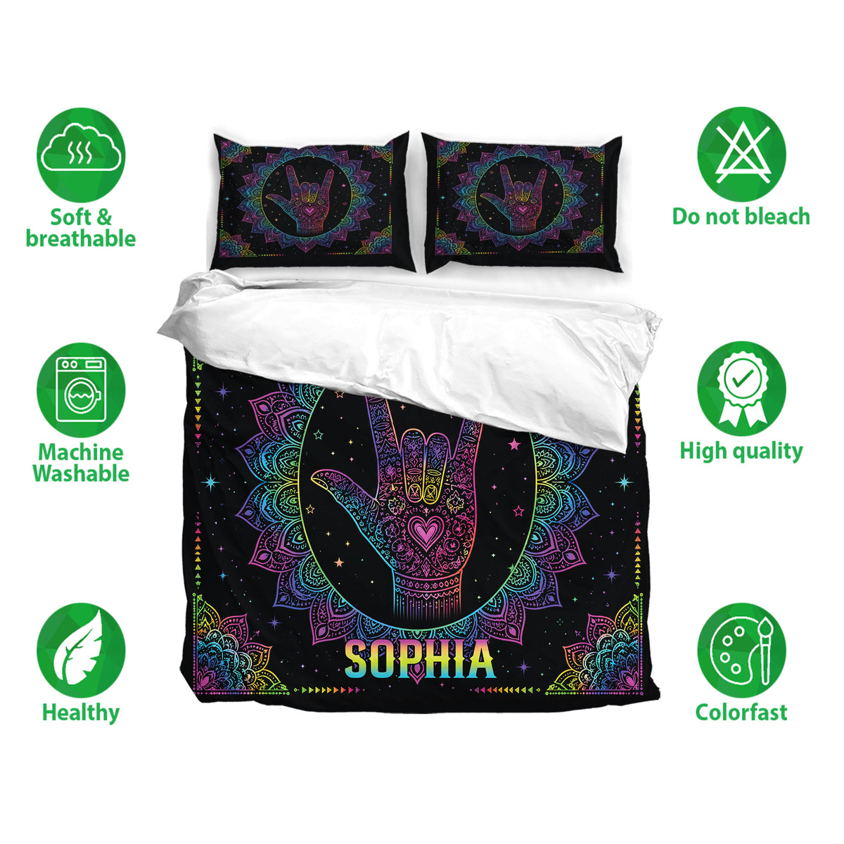 Sign language duvet cover bedding set displayed with colorful artwork and soft breathable fabric icons