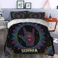 Sign language bedding set styled in a bedroom with vivid rainbow mandala hand artwork