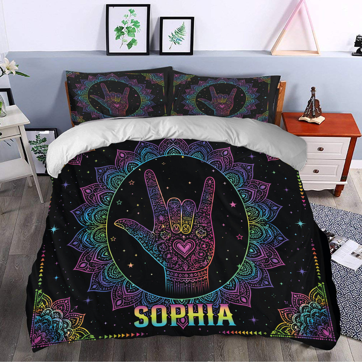 Sign language bedding set styled in a bedroom with vivid rainbow mandala hand artwork