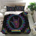 Black sign language duvet cover bedding set with matching mandala pillowcases in a modern bedroom