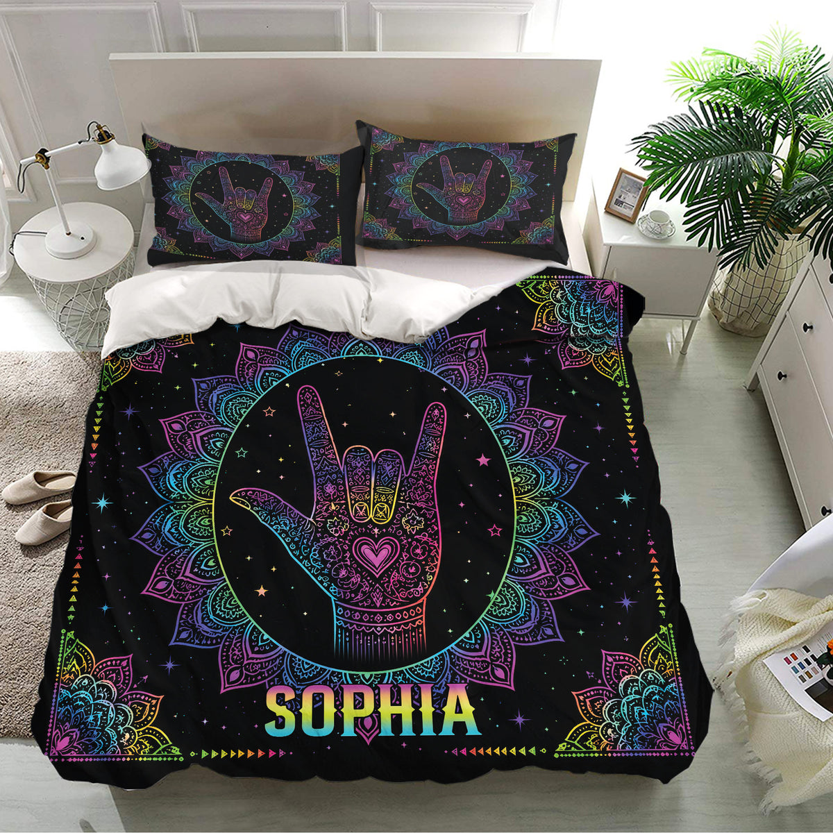 Black sign language duvet cover bedding set with matching mandala pillowcases in a modern bedroom