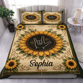 Sign language hand sign duvet cover set with sunflower artwork in a warm golden bedroom setting