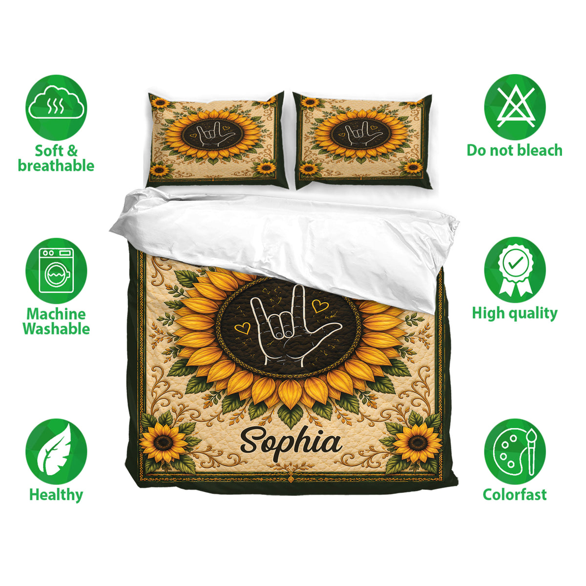 Sunflower sign language duvet cover bedding set displayed with soft breathable bedding features
