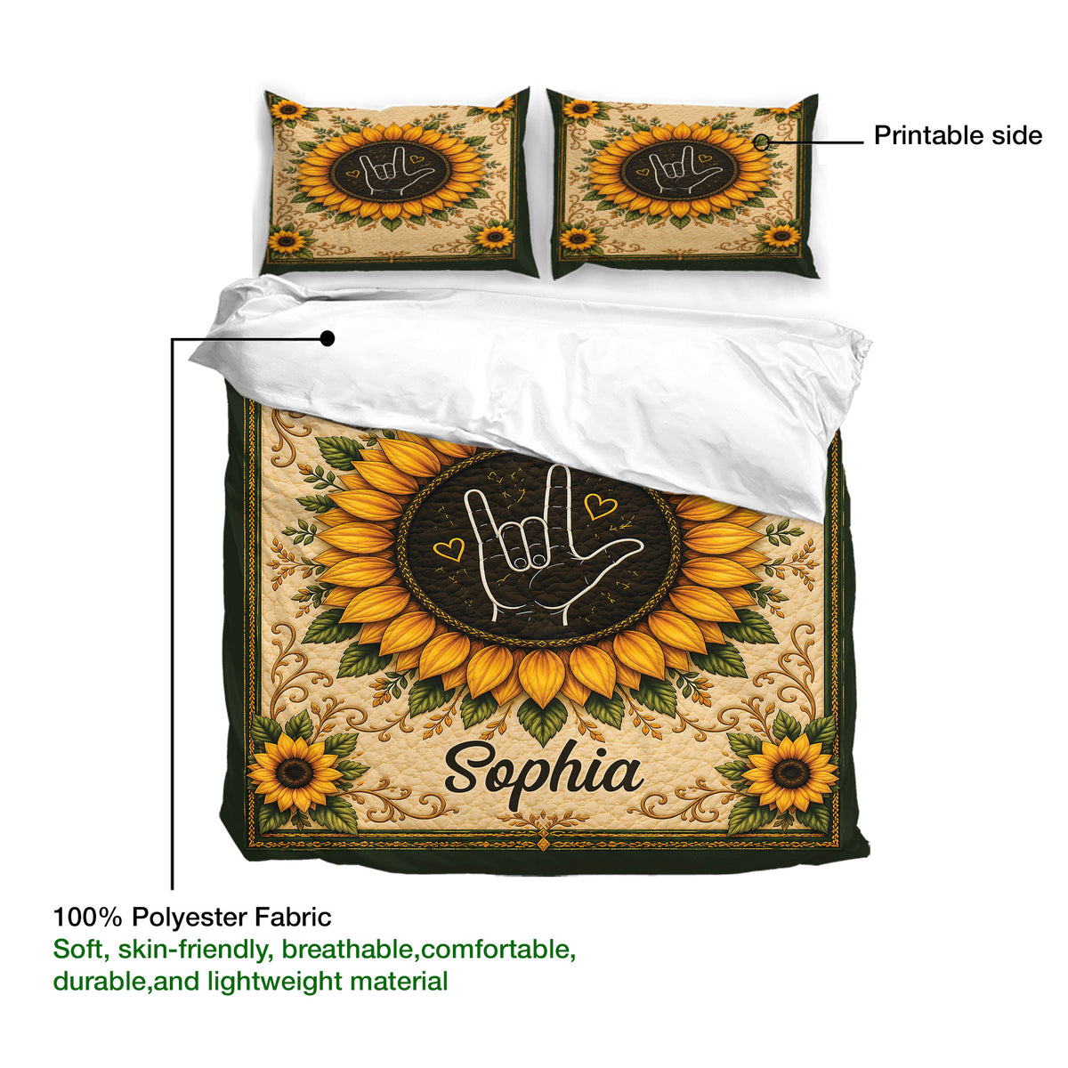 Sign language sunflower bedding set showing the printed side and soft polyester fabric detail