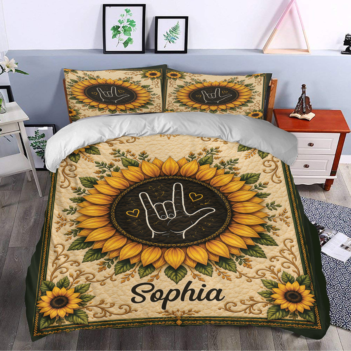 Sign language duvet cover with sunflower artwork styled in a bright modern bedroom