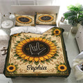 Golden sunflower sign language bedding set presented in a bright contemporary bedroom