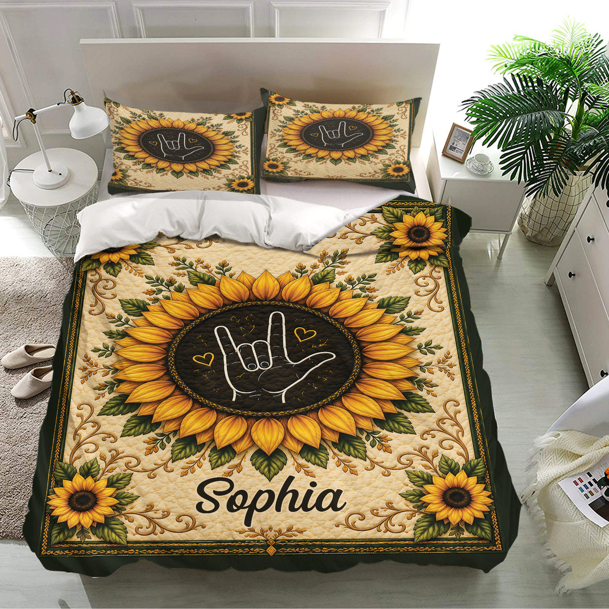 Golden sunflower sign language bedding set presented in a bright contemporary bedroom
