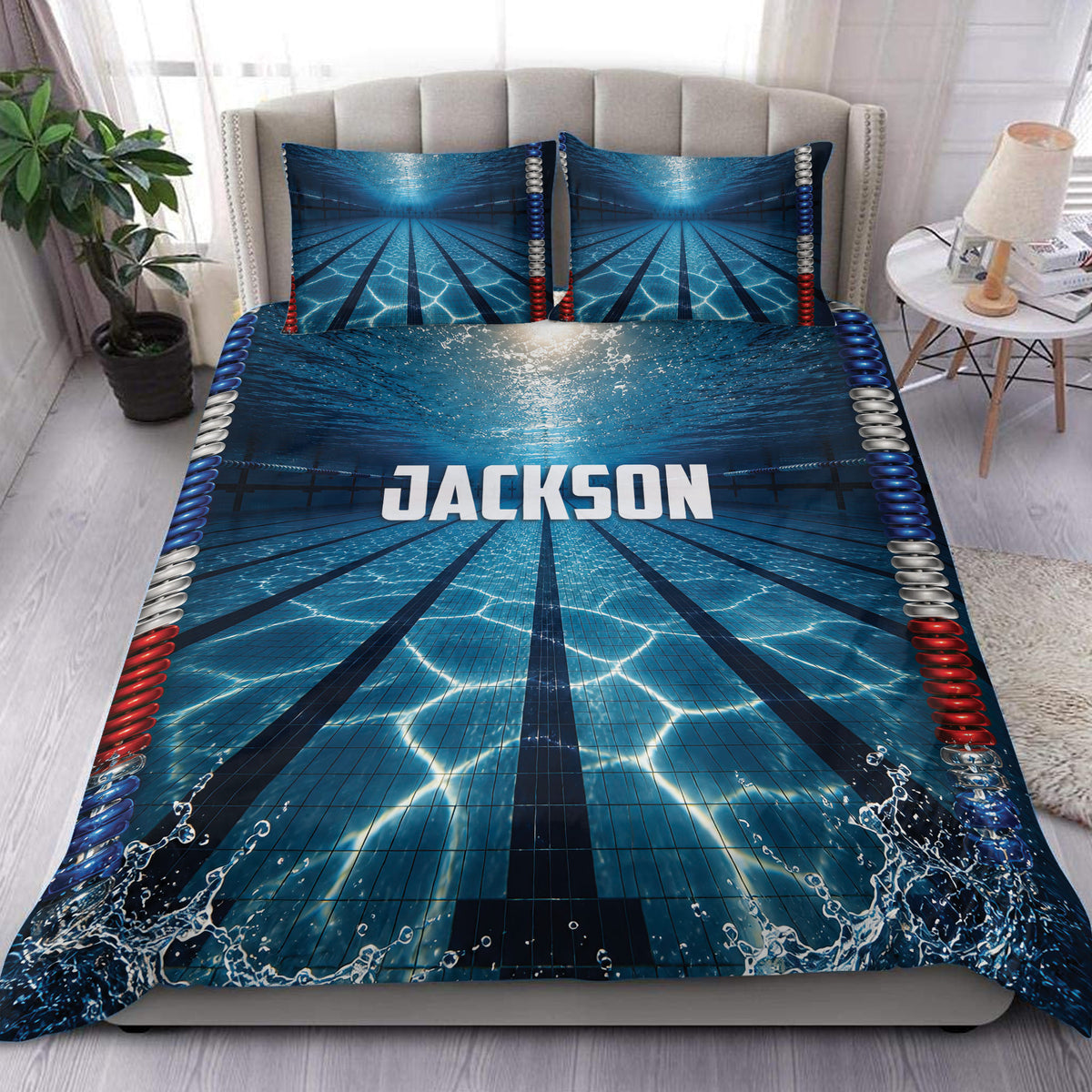 Blue swimming pool lane duvet cover set styled in a modern bedroom with matching pillowcases