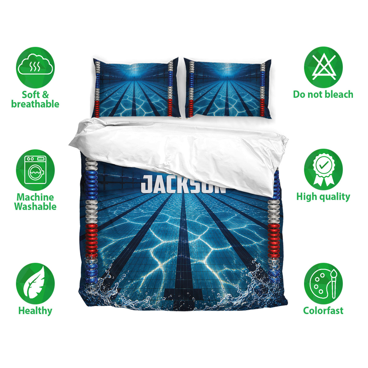 Swimming pool lane bedding set displayed with matching pillowcases and soft breathable fabric icons