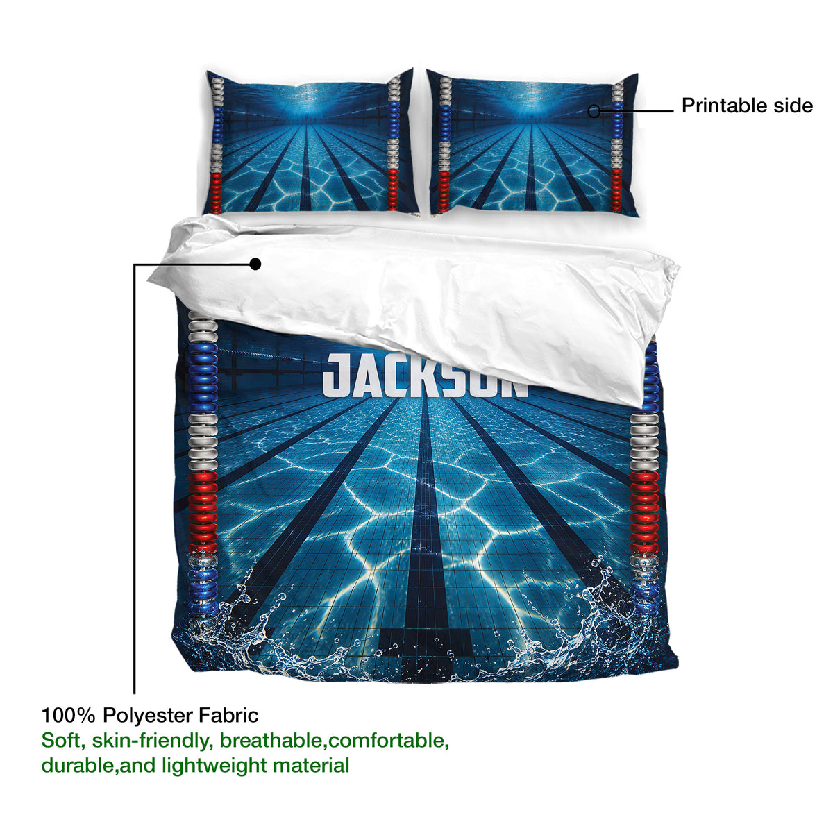 Swimming duvet cover set detail showing blue pool artwork, printable surface, and lightweight fabric