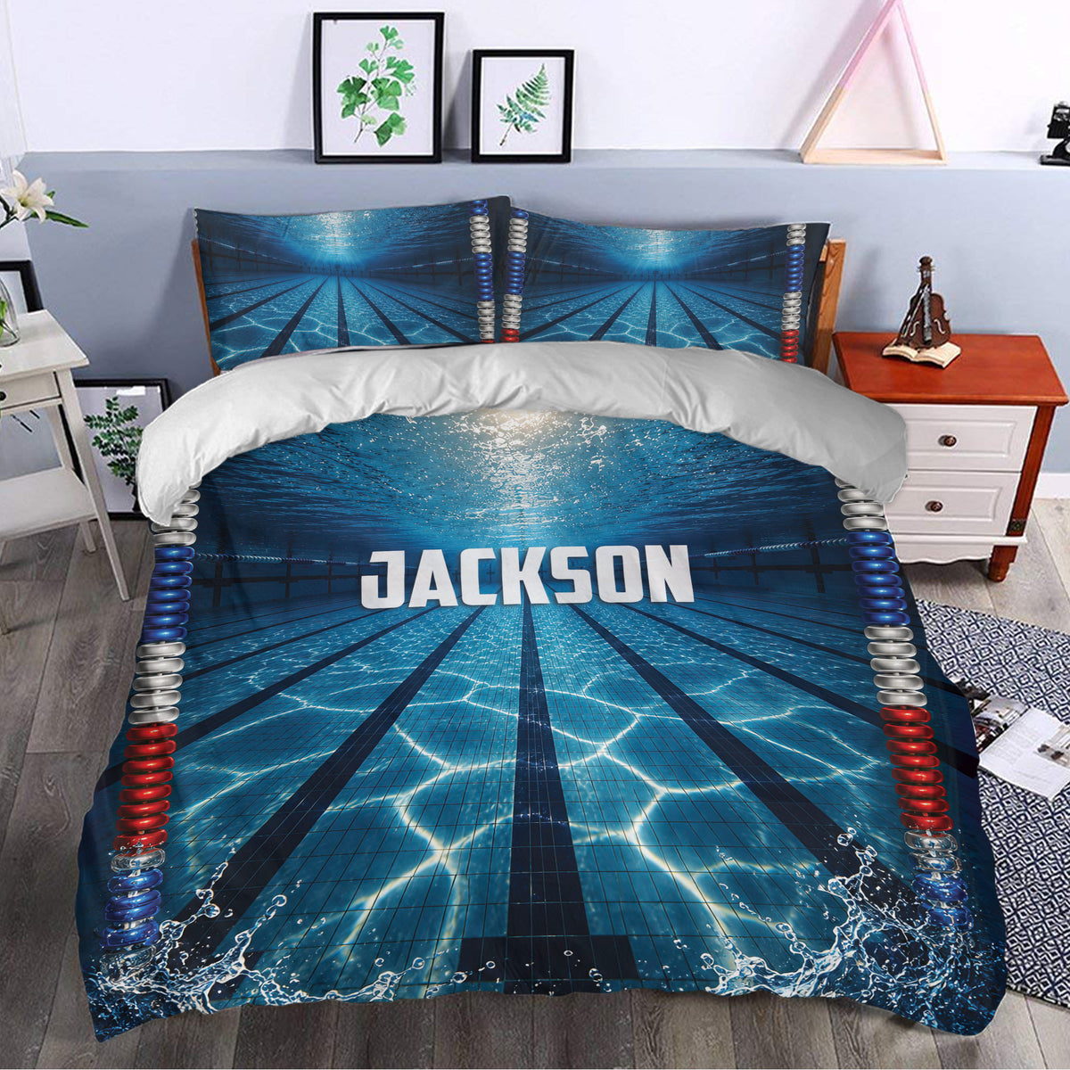 Blue swimming pool lane duvet cover set presented in a bright bedroom with coordinated decor