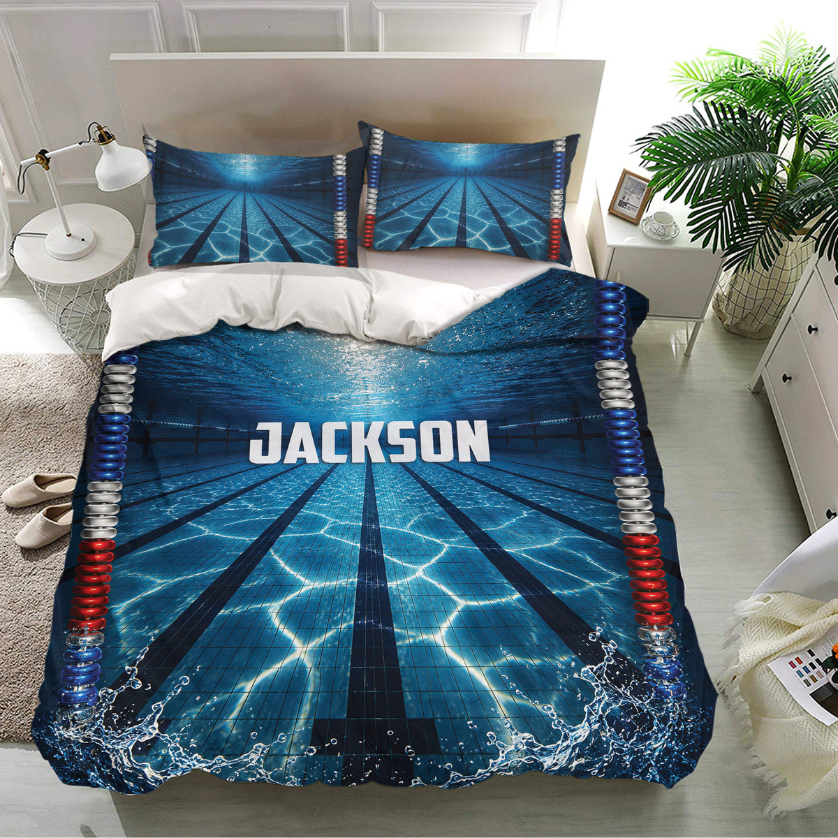 Swimming-themed bedding set styled on a bedroom bed with blue water reflections and lane markings